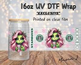 UV DTF Grinchy Pink Coffee Libbey Wrap 16oz