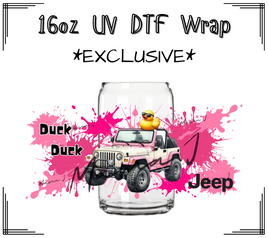 Pink & White Duck Duck Jeep UV DTF Libby Wrap 16oz